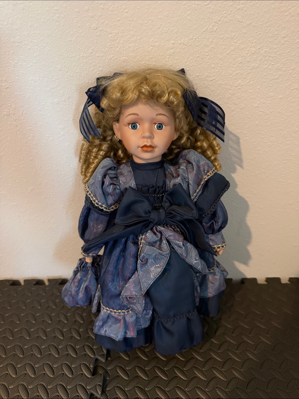 Porcelain collectible doll blue navy dress